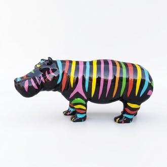 Abstract Black colored gloss hippopotamus with colorful stripes sculpture 180cm length