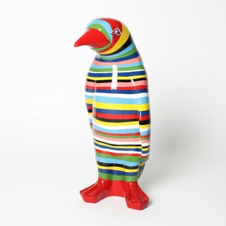 Decorative sculpture designed as a gloss standing penguin in colorful stripes 120cm