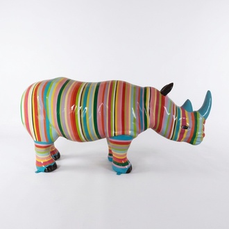 Abstract decorative figure designed as rhino with multicolor stripes 175cm length