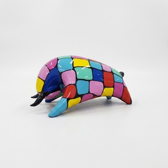 Abstract decorative sculpture designed as a gloss bull in colorful square mosaic patterns 25x50cm