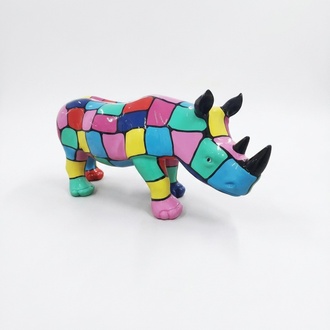 Abstract decorative sculpture designed as gloss standing rhino in colorful mosaic patterns 35x75cm