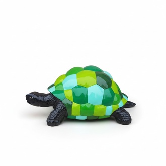 Abstract decorative sculpture designed as a black turtle with colorful mosaic shell in green tones 109cm