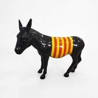 Abstract decorative gloss sculpture designed as a standing black donkey with black yellow stripes 145x174cm