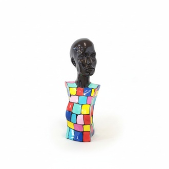 Abstract decorative figure designed as a gloss black bust in square colorful patterns 58x28cm
