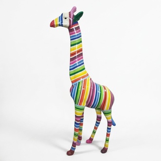 Abstract decorative sculpture designed as gloss giraffe figure with colorful stripes 205cm height