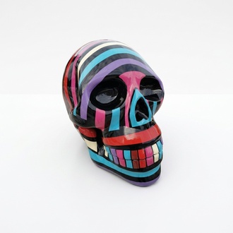 Abstract decorative sculpture designed as a black gloss skull in colorful stripes 66cm