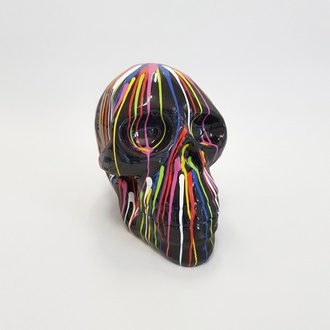 Abstract decorative sculpture designed as a black gloss monkey skull in colorful stripes 66cm