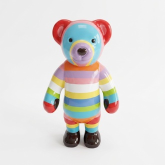 Abstract decorative sculpture designed as a standing gloss teddy bear in colorful stripes 40cm