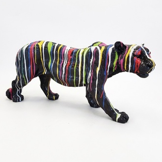 Abstract decorative sculpture designed as a gloss black colored tiger in colorful stripes 35x80cm