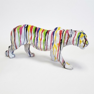 Abstract decorative sculpture designed as a gloss white colored tiger in colorful stripes 35x80cm