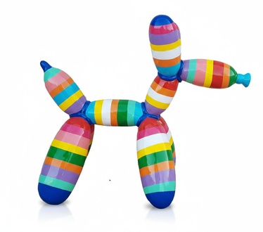 Abstract decorative garden sculpture designed as multi-colored balloon animal figure stripes