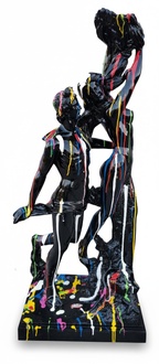 Black colored gloss decorative sculpture designed as man & woman figures in colorful stripes 130cm R65B
