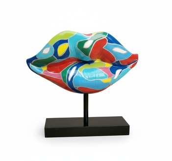 Decorative abstract figure designed as a lips in colorful patterns on a black stand 45cm