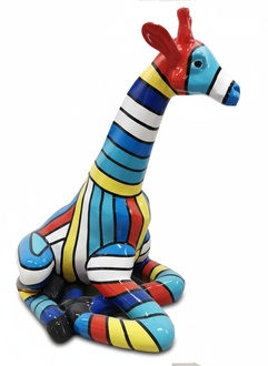 Decorative abstract sculpture designed as resting giraffe in colorful stripes 80cm