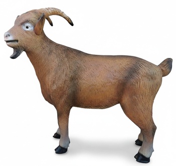 Decorative abstract sculpture designed as light brown colored standing goat 90x160cm