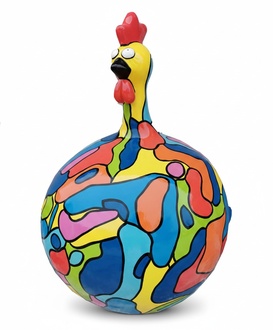 Abstract decorative sculpture designed as a round funny rooster in colorful puzzle patterns 60cm
