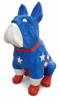 Decorative abstract sculpture designed as a gloss dog colored in captain america suit 69cm