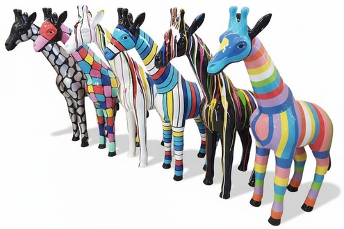 Abstract decorative sculpture designed as gloss standing giraffe in colorful patterns 115cm