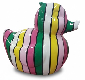 Abstract decorative sculpture designed as gloss duckling in colorful stripes 60cm