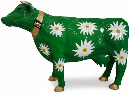 Decorative sculpture designed as full green colored gloss cow with flowers 67x104 cm (A670A)