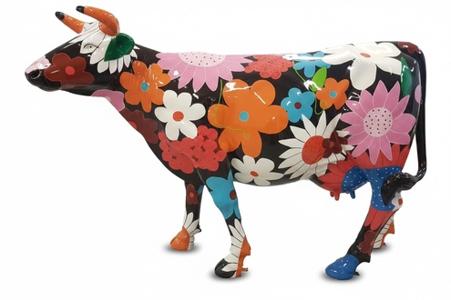 Decorative sculpture of black cow with flowers painted figure 147 cm length A685A