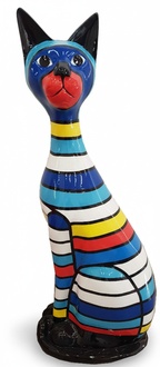 Abstract black decorative sculpture designed as colorful standing cat with stripes 98cm A746