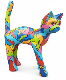 Abstract decorative sculpture designed as multi-colored cat with patterns 108cm