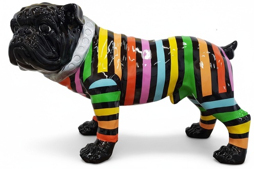 Abstract decorative sculpture designed as black dog in colorful shirt with stripes (A712)