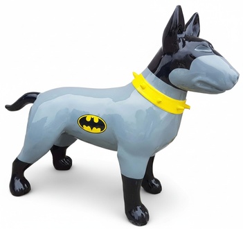 Decorative sculpture designed as bull terrier figure colored in batman kit 85x116cm