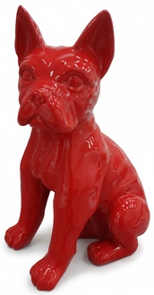 Decorative garden sculpture designed as full red colored gloss sitting dog (A527)