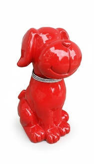 Decorative abstract sculpture designed as full red colored cartoon dog with bracelet A573