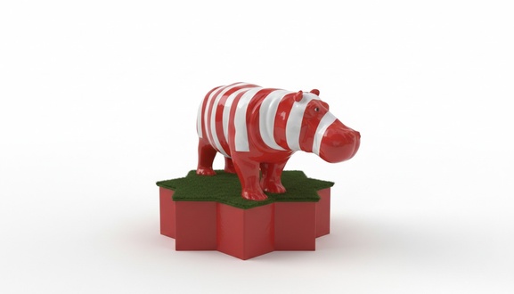 Abstract decorative sculpture of white/red colored hippopotamus figure 180cm height