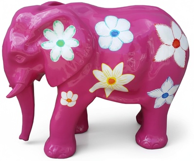 Abstract decorative sculpture designed as gloss pink colored elephant with flowers A524C