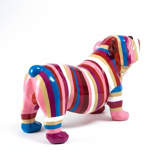 Abstract decorative sculpture designed as a gloss standing dog in bright colored stripes 32x55cm