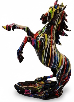 Abstract decorative sculpture designed as gloss black mustang horse in colorful stripes 92cm