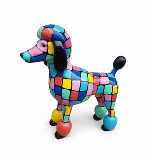 Decorative abstract sculpture designed as standing gloss poodle in colorful puzzle patterns 63x64cm