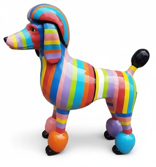 Decorative abstract sculpture designed as standing gloss poodle in colorful stripes 63cm