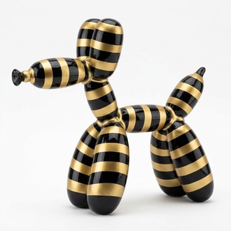 Abstract decorative sculpture designed as balloon animal figure with black gold stripes