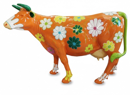 Abstract sculpture of a colorful orange cow figure with flowers patterns XXL 147 cm length