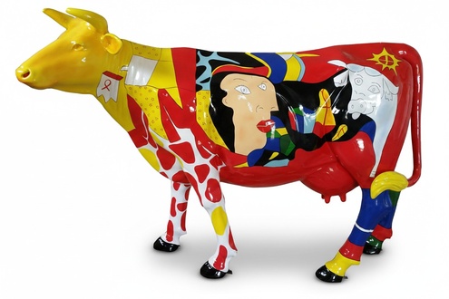 Abstract XXL 210 cm length decorative sculpture designed as multi-color cow figure