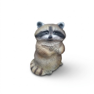 Natural colored motley dark grey decorative sculpture of standing raccoon with hands clasped on chest 40cm
