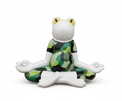 Abstract decorative sculpture designed as a white frog in lotus position with yellow eyes & colorful army style suit 55cm