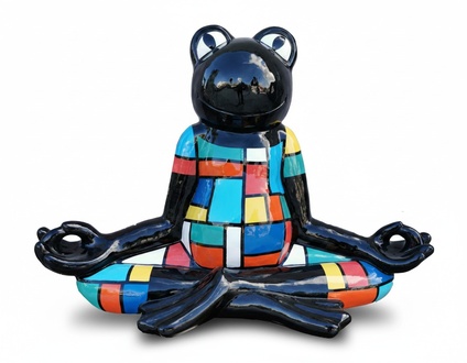 Decorative abstract sculpture designed as black cartoon frog in lotus position with colorful stripes suit 55cm