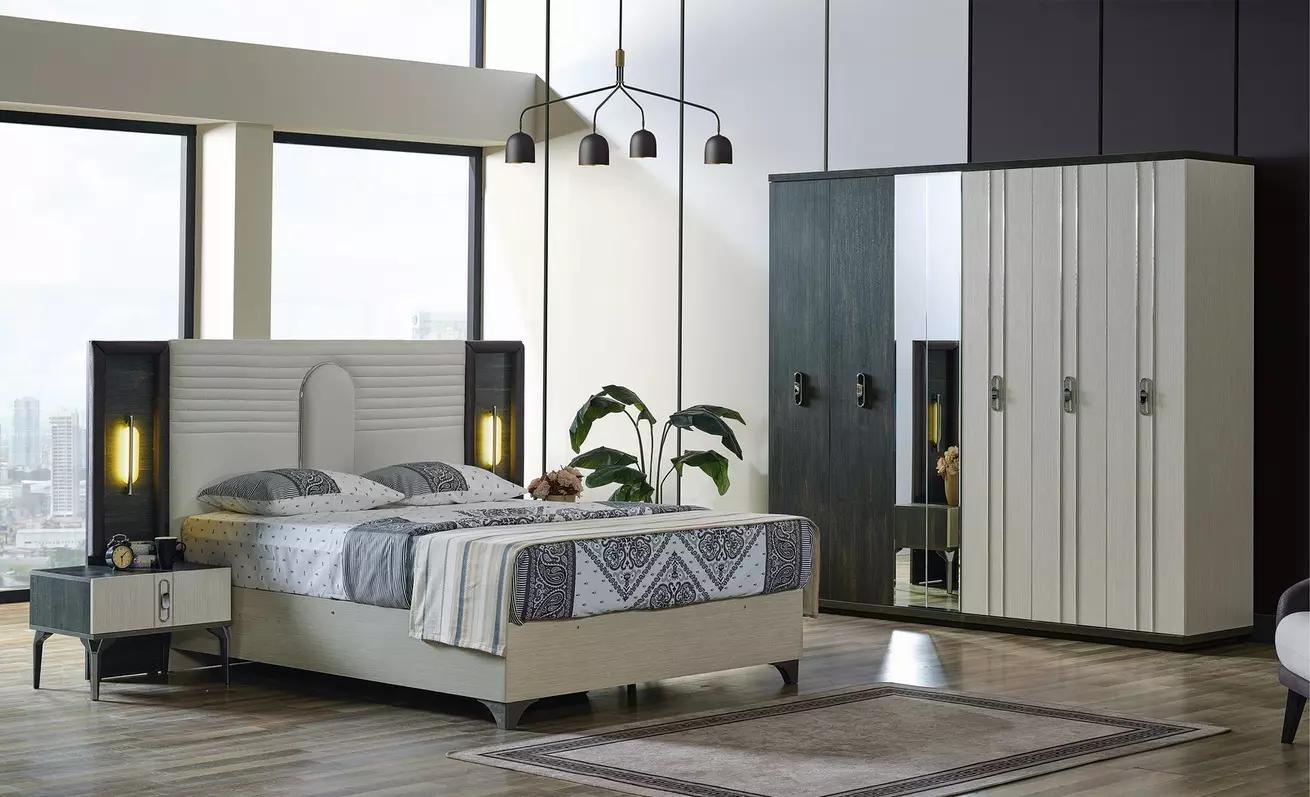 Luxury Bedroom Set 4 pcs Bed 2x Bedside Tables Wardrobe Beige