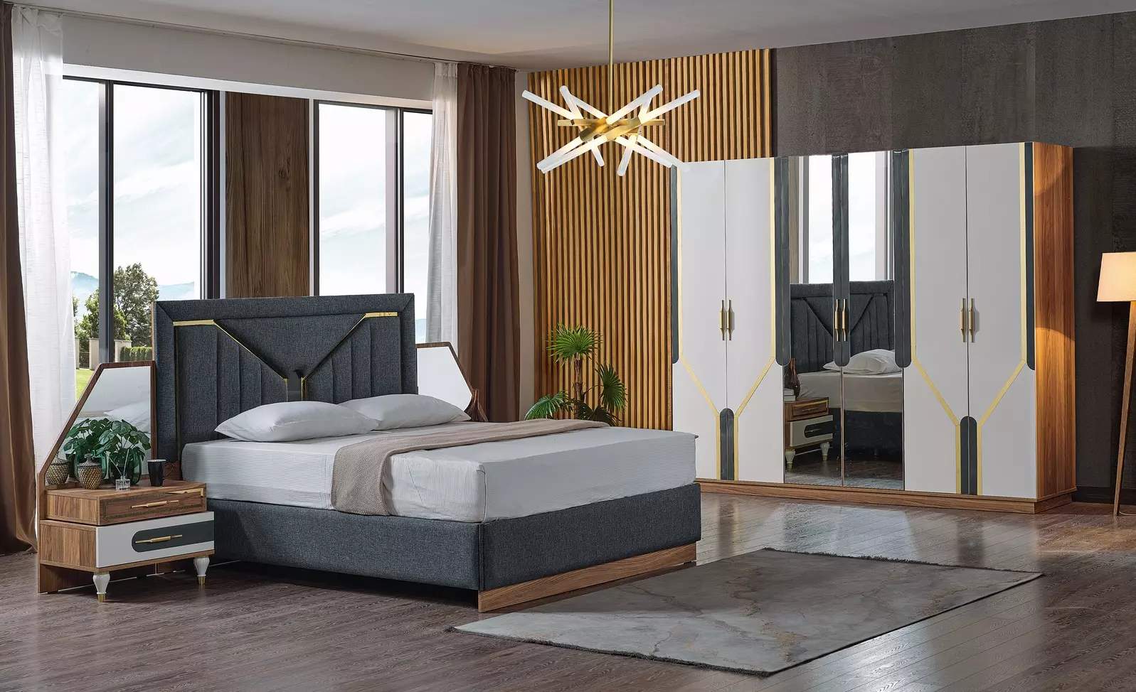 Bedroom set bed + 2x nightstands + closet design 4 pcs.