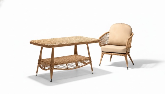Beige Armchair Coffee Table Set Modern Seating Rattan Stylish Set for Terrace