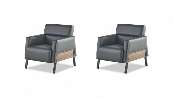 Armchair set leather 1-seater black lounge chair leather stainless steel wood soft