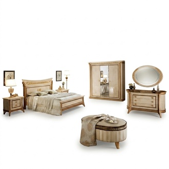 Bedroom set of double bed, sideboard, mirror, 3 door wardrobe & 2x bedside console in antique style arredoclassic™