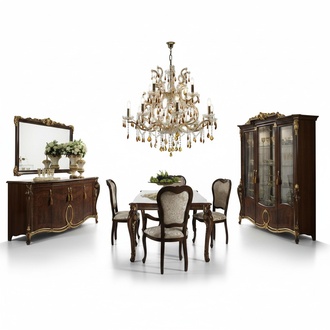 Dining room set of 4x armchairs, dining table, 3-glass door showcase & 4-doors sideboard in antique style italian furniture arredoclassic™