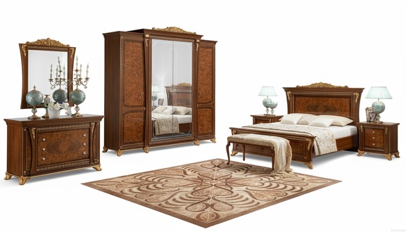 Baroque rococo luxury set of beds, bedside table, wardrobe, 7-piece bedroom